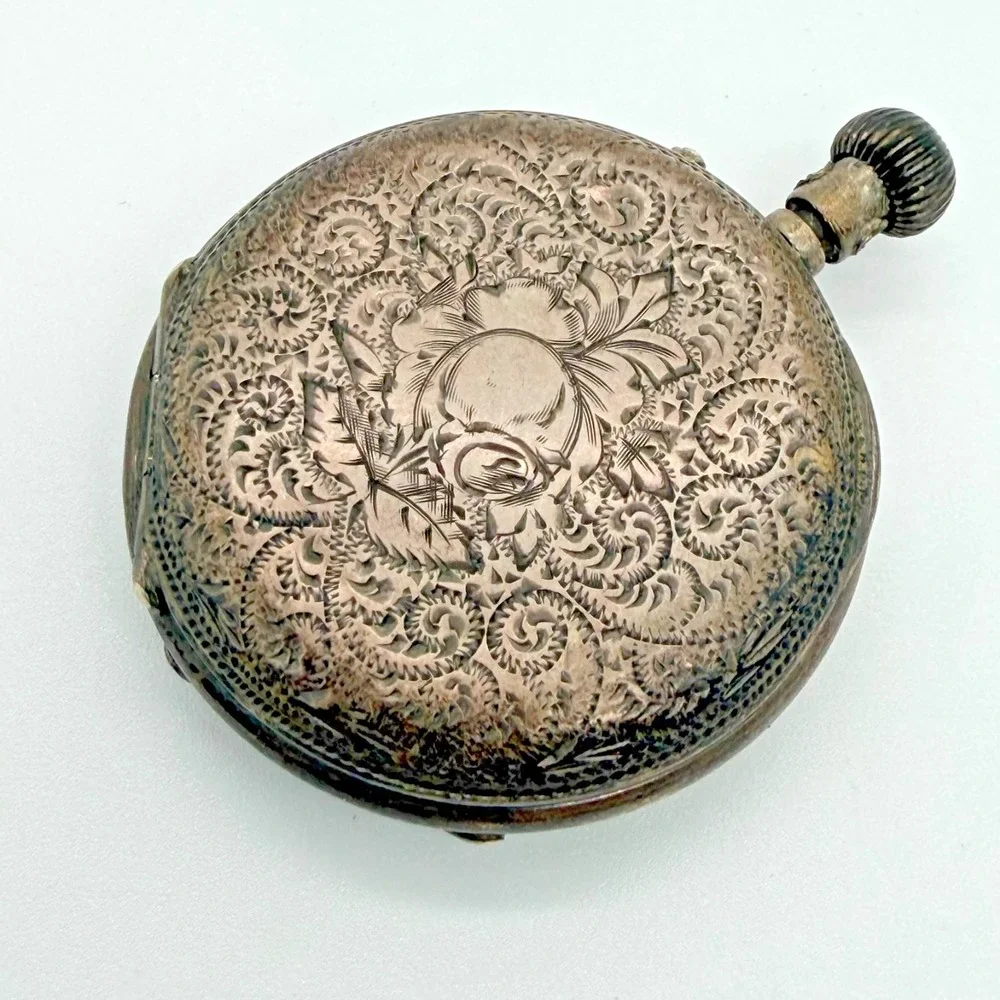 Antique Swiss Pocket Watch Floral Engraved Case Cylindre 8 Rubis Mechanical Wind